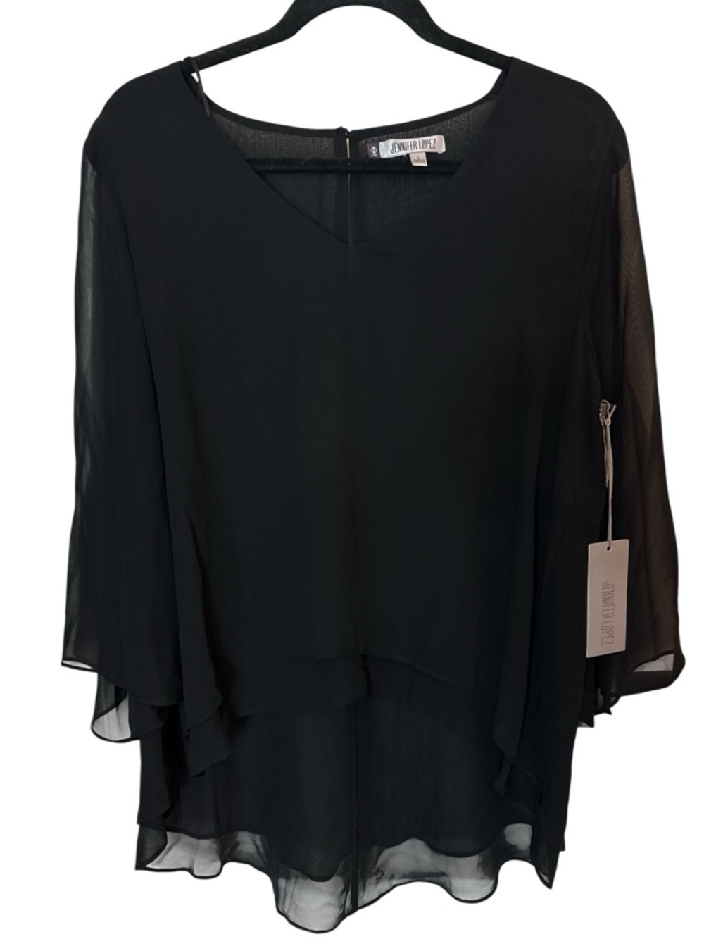 Jennifer Lopez Black Sheer Blouse NWT Layered Tunic Top Size Large Flowy - Picture 2 of 9